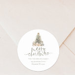 Merry Christmas Tree Sage Script Return Address Classic Round Sticker<br><div class="desc">Merry Christmas Tree Sage Script Return Name and Address. Merry Christmas is in an elegant set script in sage and the rest of the text you can easily personalise, with a sage Christmas tree with gifts illustration above the words. You can choose any colours for text and background via the...</div>