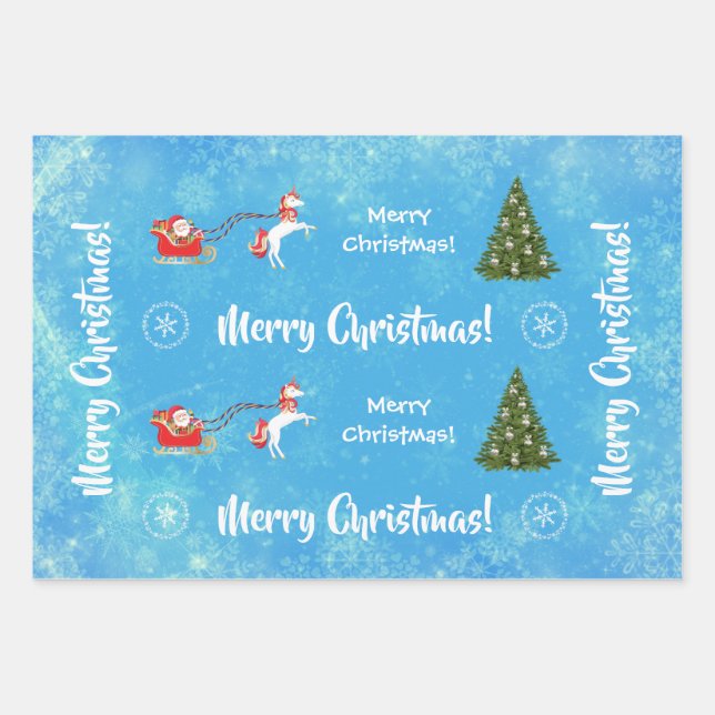 Merry Christmas Tree Santa Cute Kids Unicorn Blue Wrapping Paper Sheet (Front)