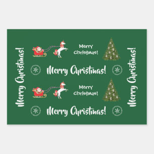Merry Christmas Tree Santa Cute Kids Unicorn Green Wrapping Paper Sheet