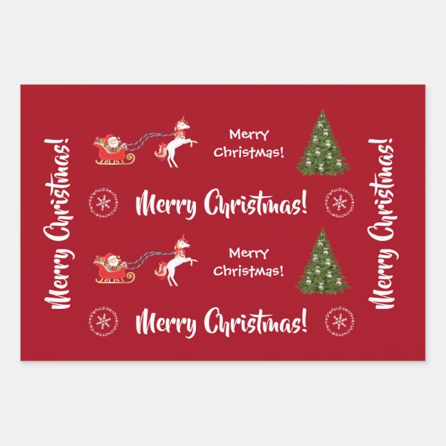 Merry Christmas Tree Santa Cute Kids Unicorn Red Wrapping Paper Sheet (Front)