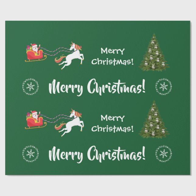 Merry Christmas Tree Santa Sleigh Girly Unicorn Wrapping Paper (Flat)