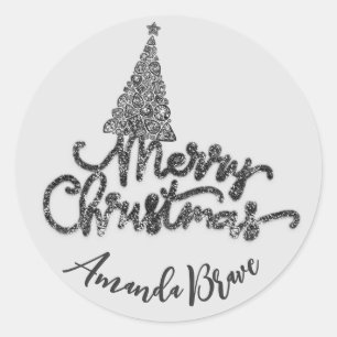 Merry Christmas Tree Script Name Black Diamond  Classic Round Sticker