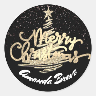 Merry Christmas tree Script Name Gold Black Classic Round Sticker