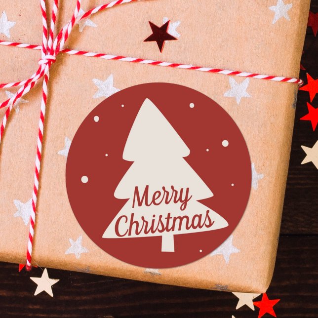 Merry Christmas tree silhouette red & white Classic Round Sticker (Creator Uploaded)