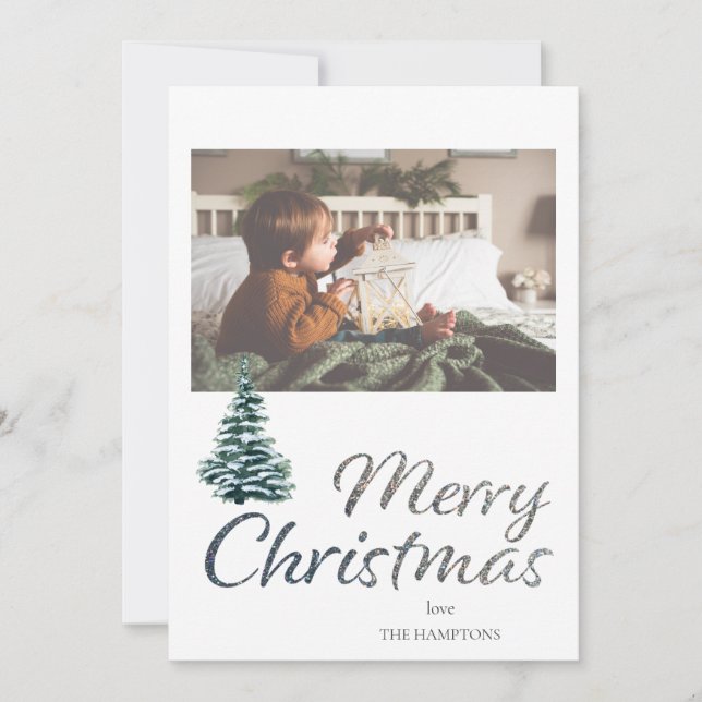 Merry Christmas Tree & Silver Glitter Photo Card (Front)
