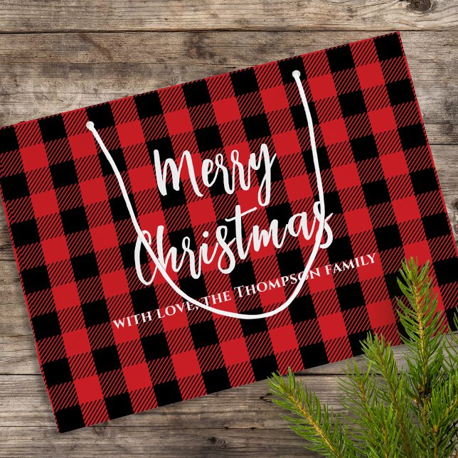 Merry Christmas Tree Simple Buffalo Check Pattern Large Gift Bag (Merry Christmas buffalo check plaid pattern large gift bag)