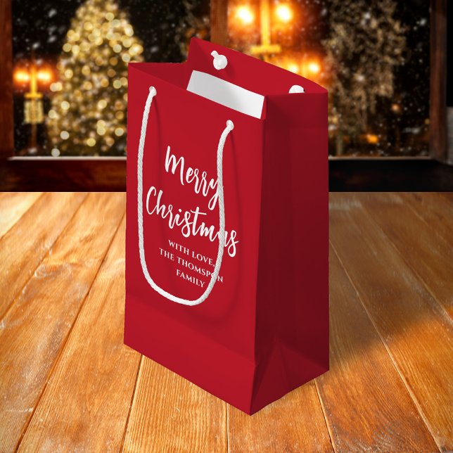 Merry Christmas Tree Simple Buffalo Check Pattern Small Gift Bag (Simple red Merry Christmas Calligraphy Script gift bag)