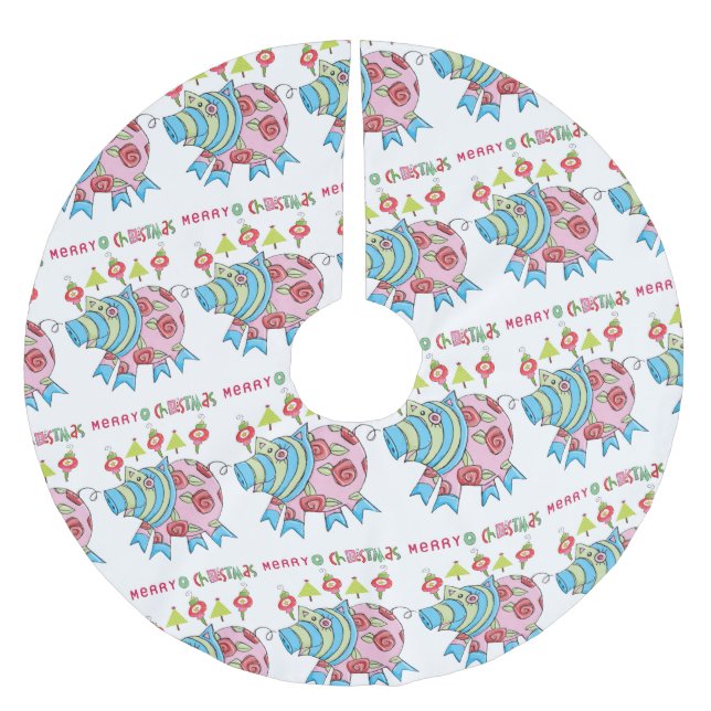 Merry Christmas Tree Skirt Pig Pink Pig  (Front)