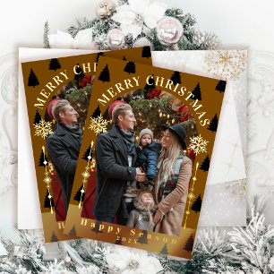 Merry Christmas Tree Snow Flakes Brown Photo Foil Greeting Card