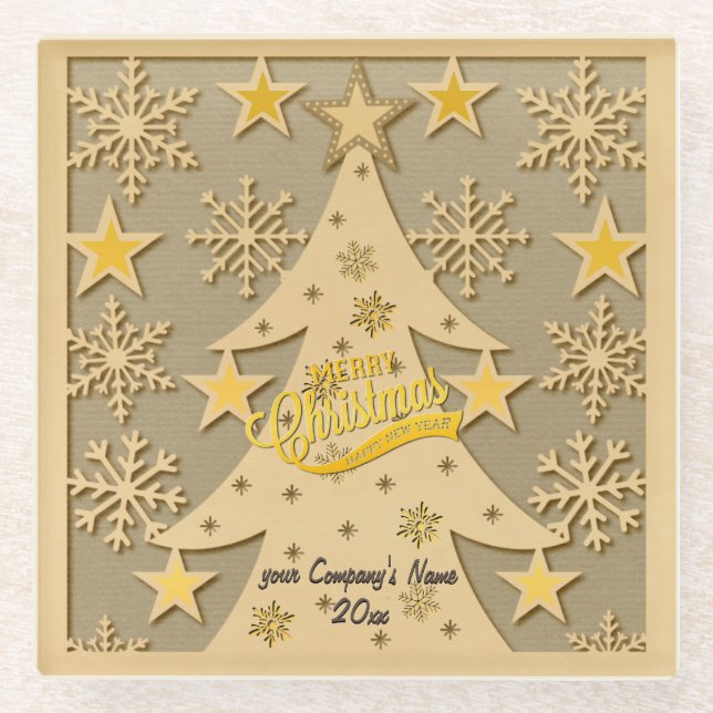 Merry Christmas Tree, Snowflake & Star Silhouettes Glass Coaster (Front)
