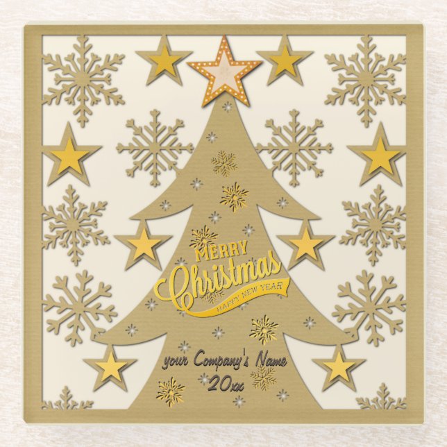 Merry Christmas Tree, Snowflake & Star Silhouettes Glass Coaster (Front)