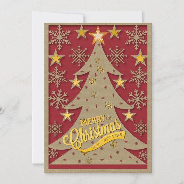 Merry Christmas Tree, Snowflake & Star Silhouettes Holiday Card (Front)