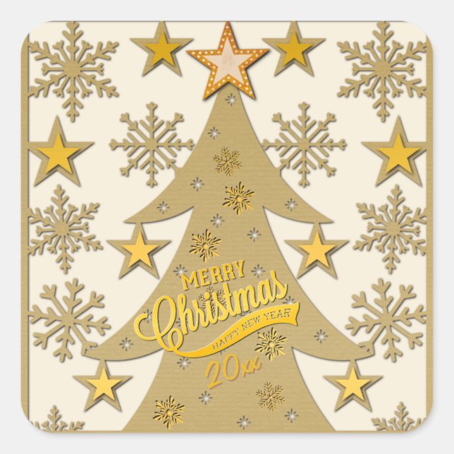 Merry Christmas Tree, Snowflake & Star Silhouettes Square Sticker (Front)