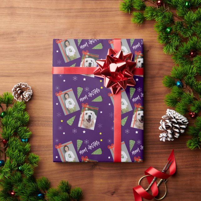 Merry Christmas Tree Snowflakes Purple 2 Photos  Wrapping Paper (Holiday Gift)