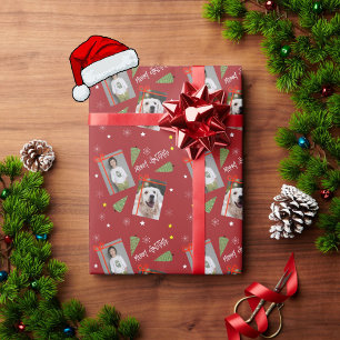 Merry Christmas Tree Snowflakes with Photos on Red Wrapping Paper