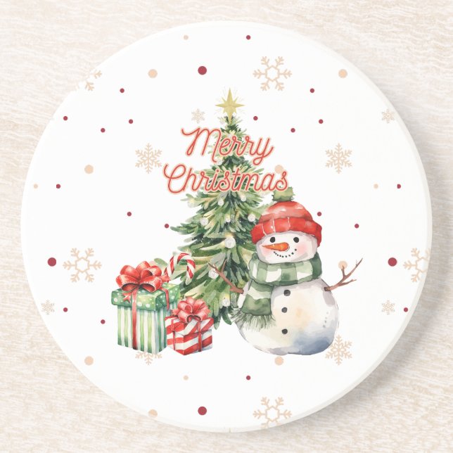 Merry Christmas Tree Snowman and Presents Coaster (Front)