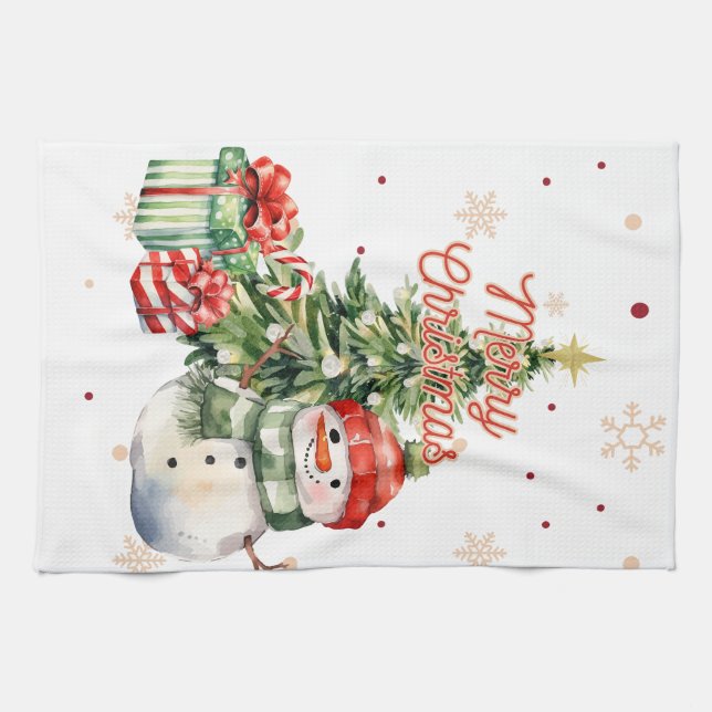 Merry Christmas Tree Snowman and Presents Kitchen Towel (Horizontal)