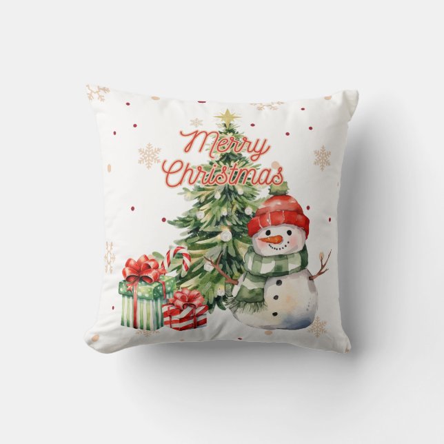 Merry Christmas Tree Snowman and Presents Throw Pillow (Front)