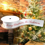 Merry Christmas Tree Snowman Gifts Personalized Satin Ribbon<br><div class="desc">Customize the text, and easily create your personalized Christmas ribbon. Click EDIT DESIGN to change the background colour or text colour. You can TRANSFER this DESIGN to other Zazzle products and adjust it to fit most Zazzle items. Standard Studio designs are made in high-resolution graphics for a professional print. Thank...</div>
