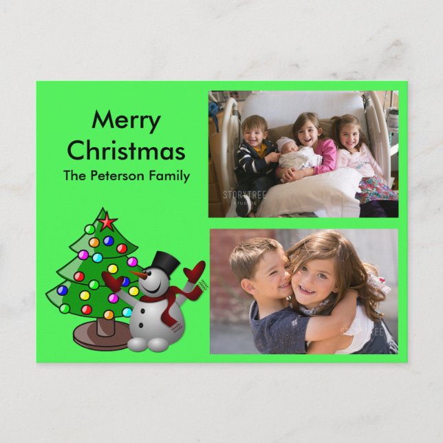 Merry Christmas Tree & Snowman Photos Postcard (Front)