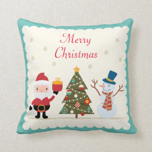 Merry Christmas Tree Snowman Santa Claus Throw Pillow