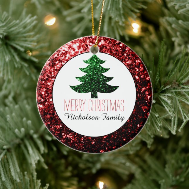 Merry Christmas tree sparkles Red Green Your name Ceramic Ornament (Tree)