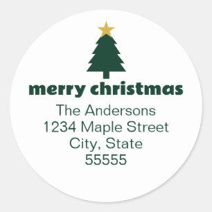 Merry Christmas Tree & Star Dark Green and White Classic Round Sticker