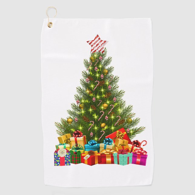 Merry Christmas Tree Star Presents Holiday Festive Golf Towel (Front)