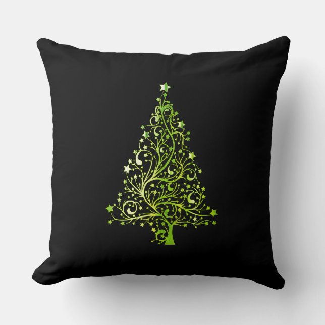 Merry Christmas Tree Stars Black and Green Elegant Throw Pillow (Front)