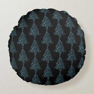 Merry Christmas Tree Stars Black Blue Chic Pattern Round Pillow