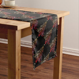 Merry Christmas Tree Stars Black Gold Red Chic Long Table Runner