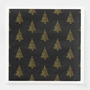 Merry Christmas Tree Stars Black Gold Shiny Chic Napkin