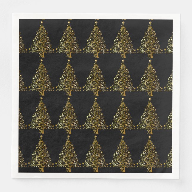 Merry Christmas Tree Stars Black Gold Shiny Chic Napkin (Front)