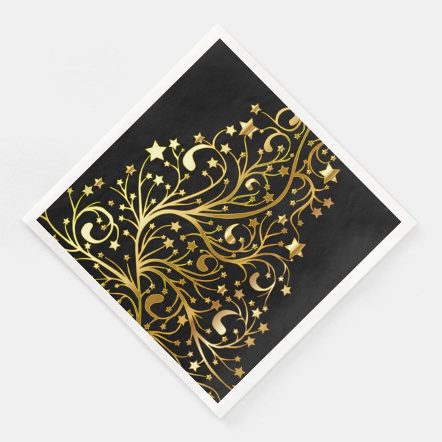Merry Christmas Tree Stars Black Gold Shiny Chic Napkin (Corner)