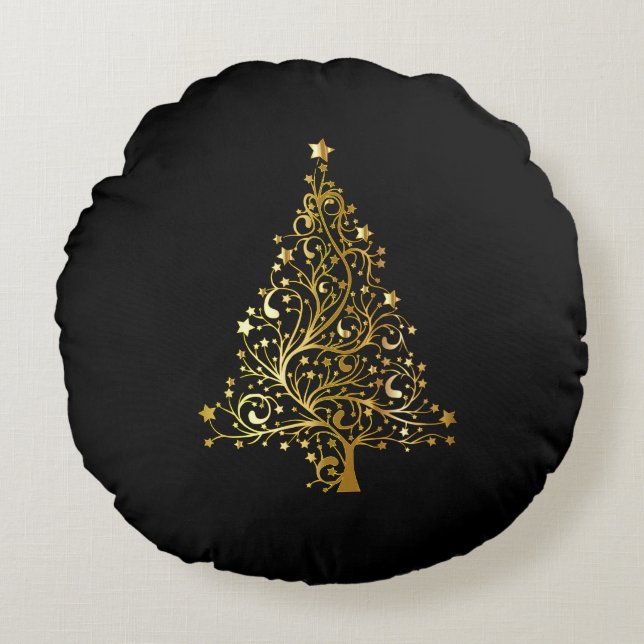 Merry Christmas Tree Stars Black Gold Shiny Chic Round Pillow (Front)
