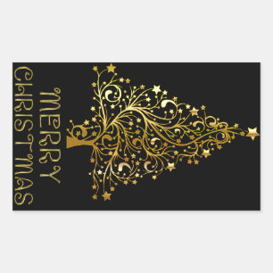 Merry Christmas Tree Stars Black Gold Shiny Chic Sticker