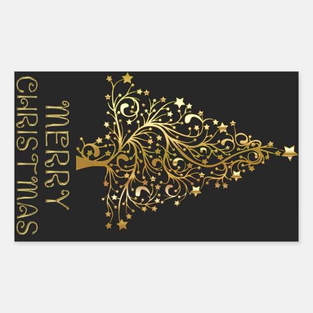 Merry Christmas Tree Stars Black Gold Shiny Chic Sticker (Front)