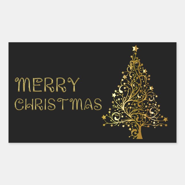 Merry Christmas Tree Stars Black Gold Shiny Chic Sticker (Front)