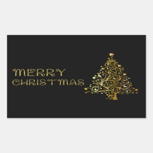 Merry Christmas Tree Stars Black Gold Shiny Chic Sticker