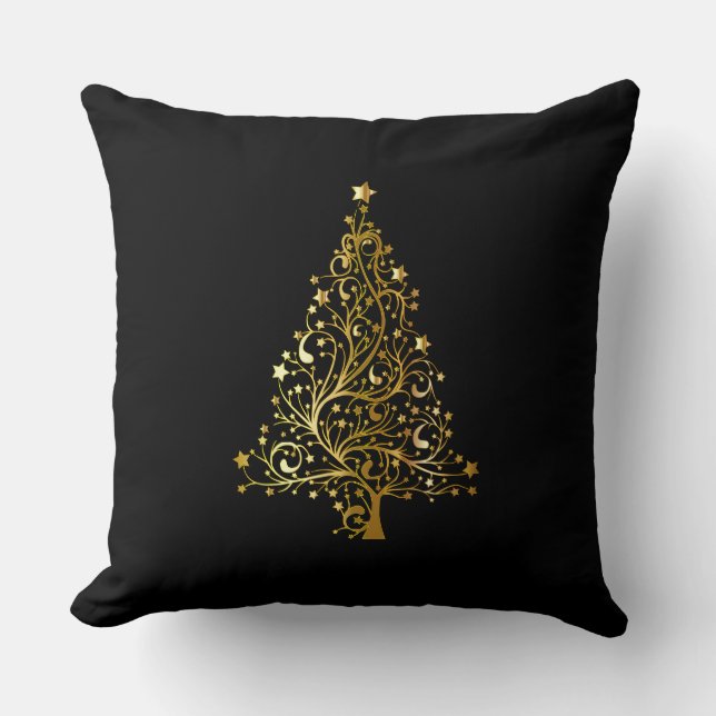 Merry Christmas Tree Stars Black Gold Shiny Chic Throw Pillow (Front)
