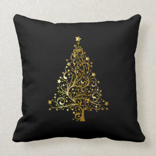 Merry Christmas Tree Stars Black Gold Shiny Chic Throw Pillow