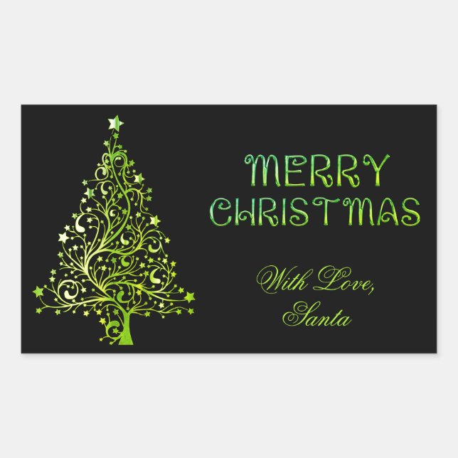 Merry Christmas Tree Stars Black Green Elegant Sticker (Front)
