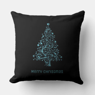 Merry Christmas Tree Stars Black Metallic Blue Throw Pillow