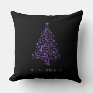 Merry Christmas Tree Stars Black Metallic Purple Throw Pillow
