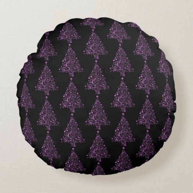 Merry Christmas Tree Stars Black Pink Pattern Round Pillow (Front)