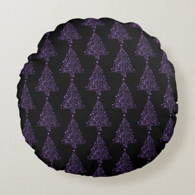 Merry Christmas Tree Stars Black Purple Pattern Round Pillow (Front)
