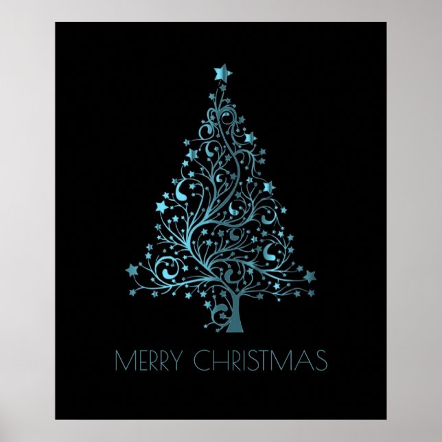 Merry Christmas Tree Stars Blue Metallic Look Poster (Front)