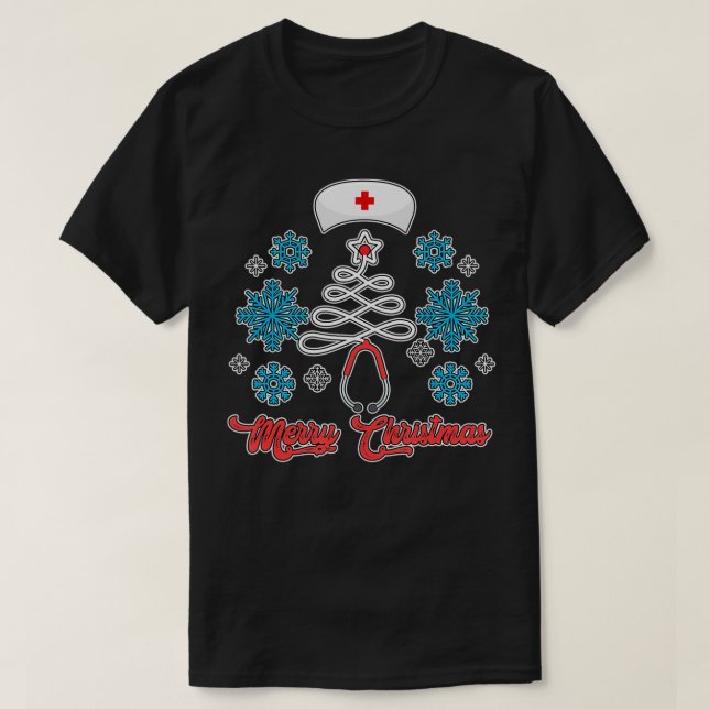 Merry Christmas Tree Stethoscope Nurse Funny Cute  T-Shirt (Design Front)
