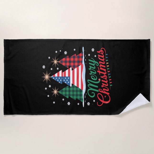 Merry Christmas Tree US Flag Santa Essential Beach Towel (Front)