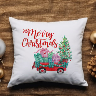 Merry Christmas Tree Wagon Gifts Cute Fun Throw Pillow